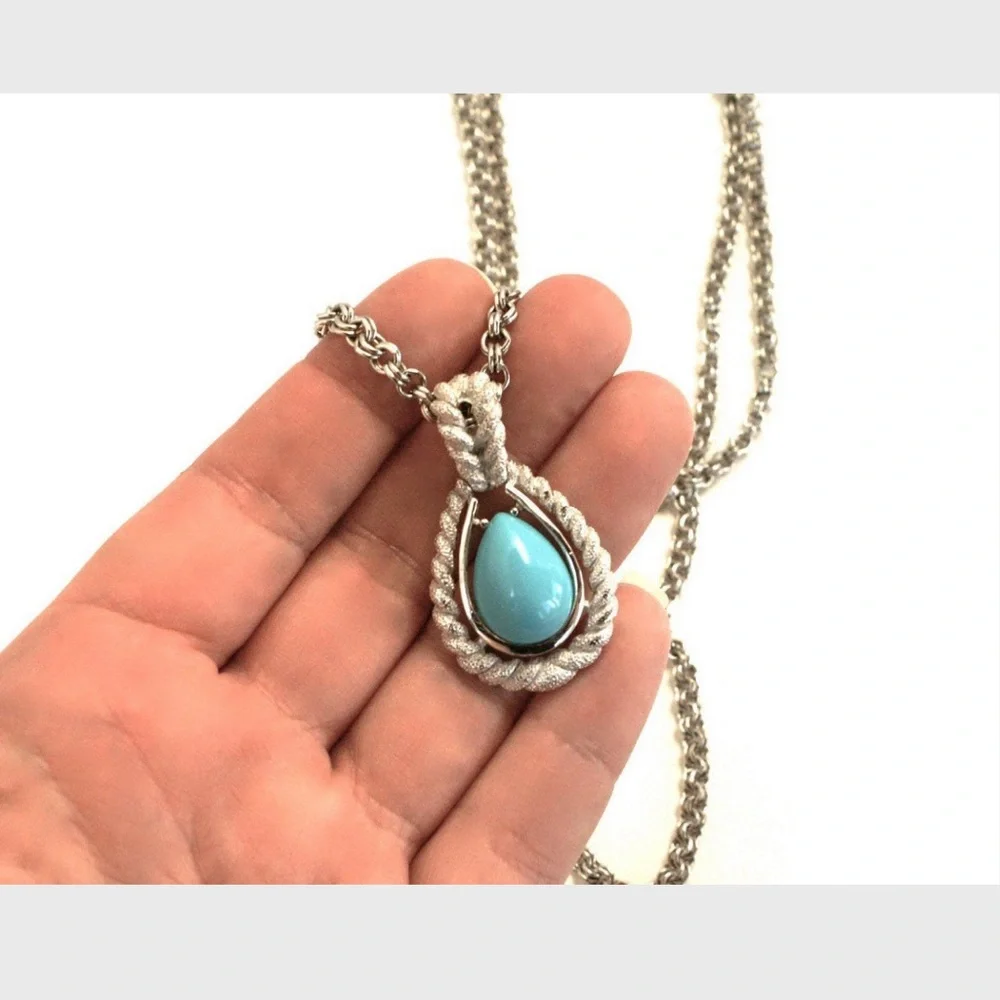Avon Silver Tone Necklace with Faux Turquoise Teardrop Pendant